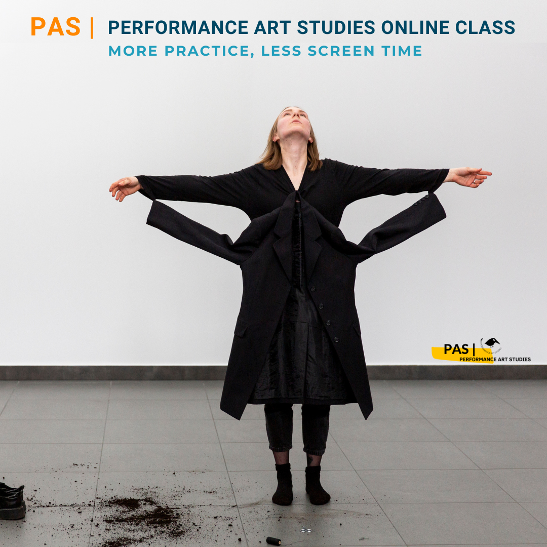 Poster of open call for performance art online class in 2023.